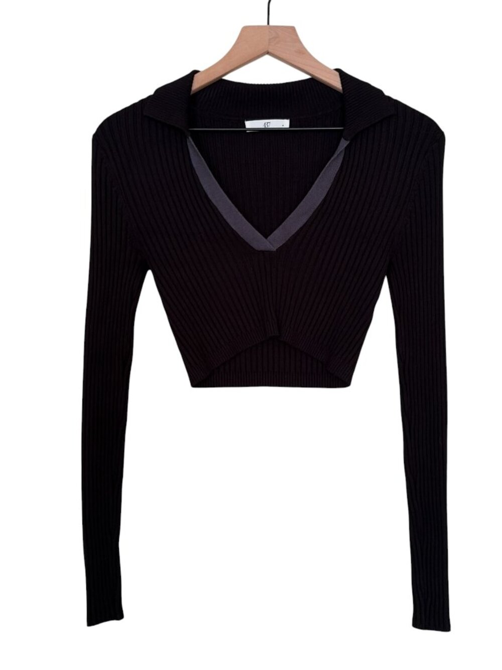 437 Black Ribbed Knit Gaia Polo Cropped V-Neck Sweater